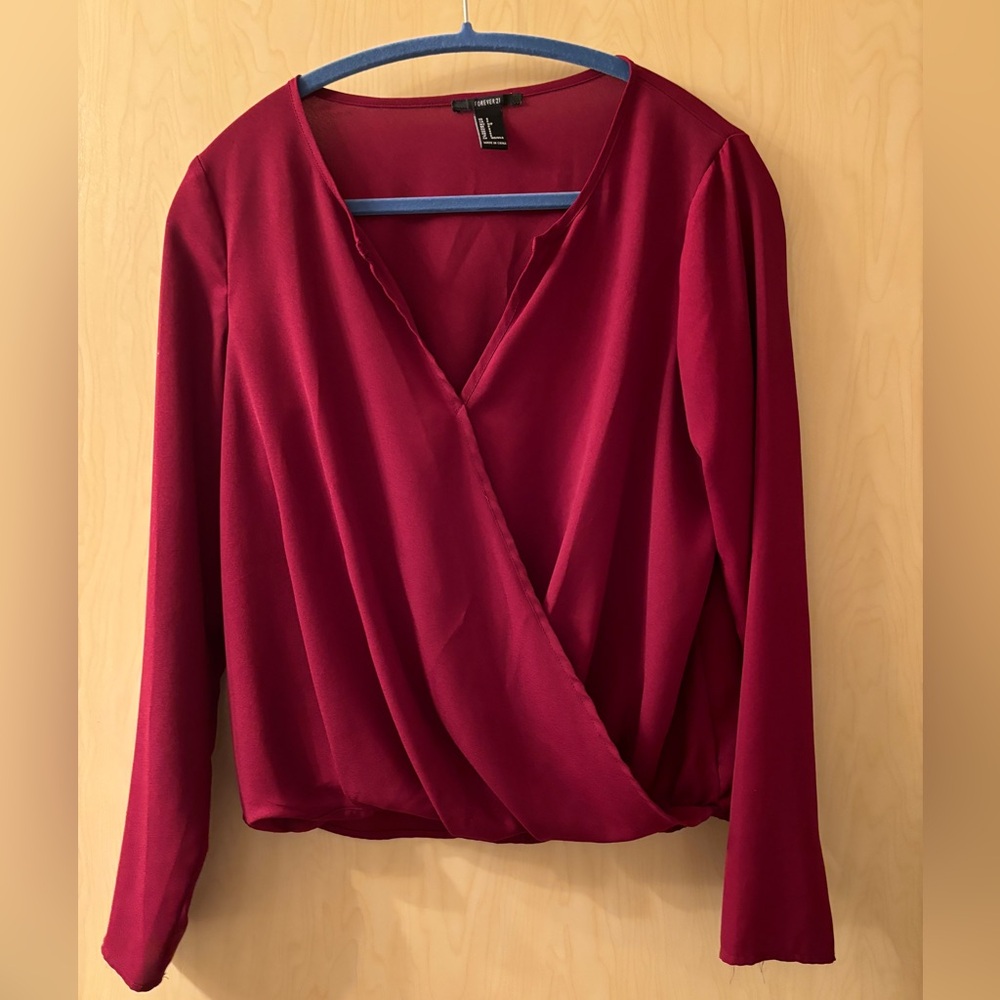 Forever 21 Red Wrap V-Neck Long Sleeve Blouse
